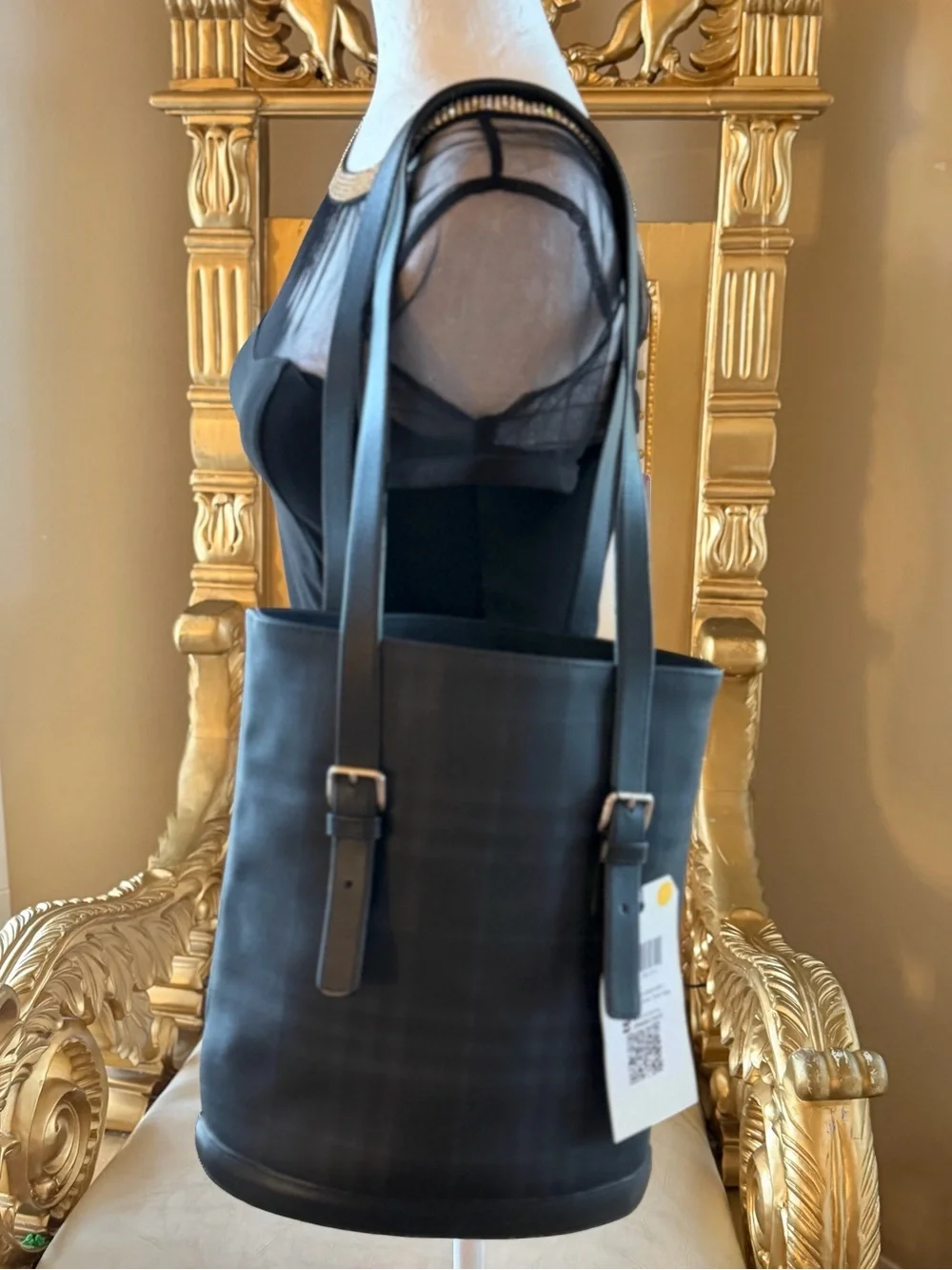 Burberry Black Plaid Leather-Trim Backpack Bucket With Burberry drawstring bag
